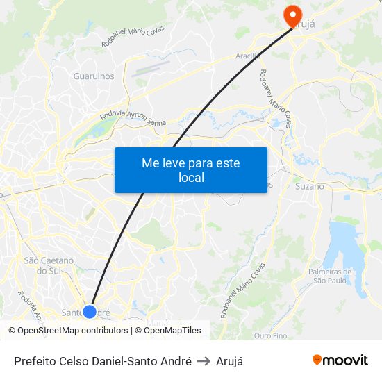 Prefeito Celso Daniel-Santo André to Arujá map
