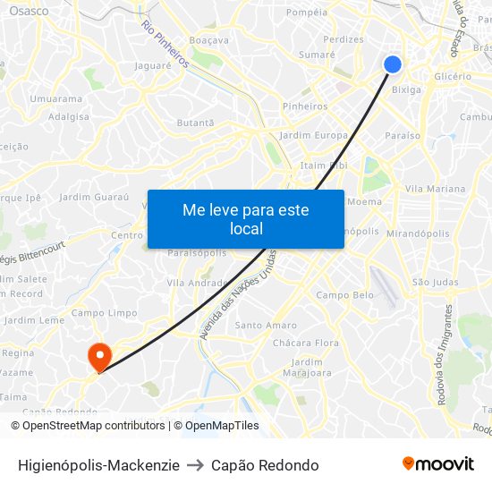 Higienópolis-Mackenzie to Capão Redondo map