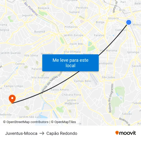 Juventus-Mooca to Capão Redondo map