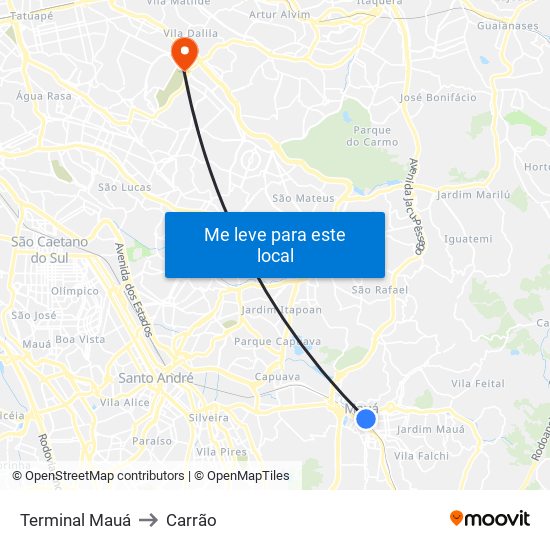 Terminal Mauá to Carrão map