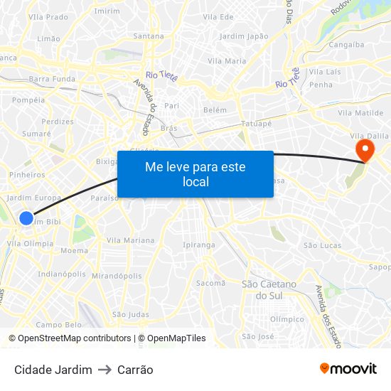 Cidade Jardim to Carrão map