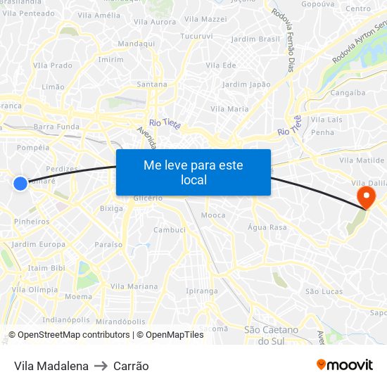 Vila Madalena to Carrão map