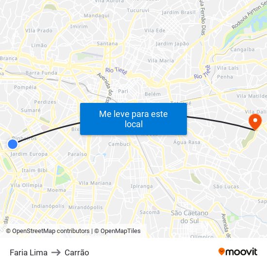 Faria Lima to Carrão map