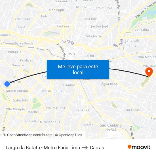Largo da Batata - Metrô Faria Lima to Carrão map