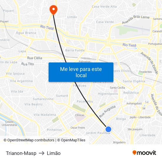 Trianon-Masp to Limão map