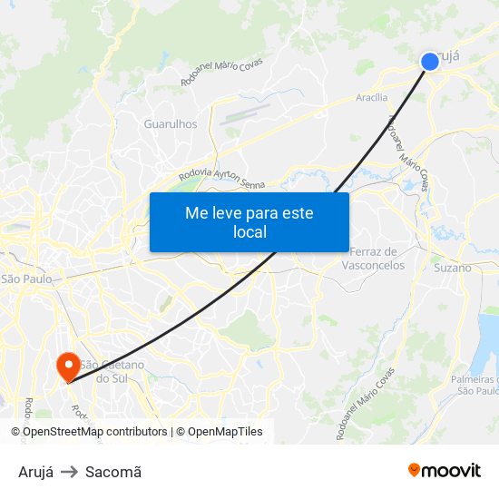 Arujá to Sacomã map