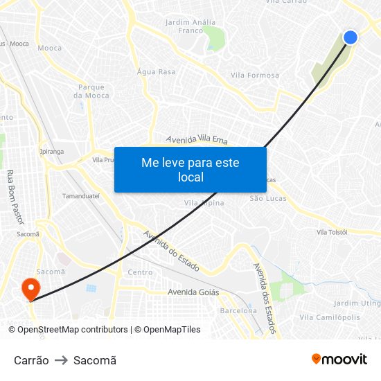Carrão to Sacomã map