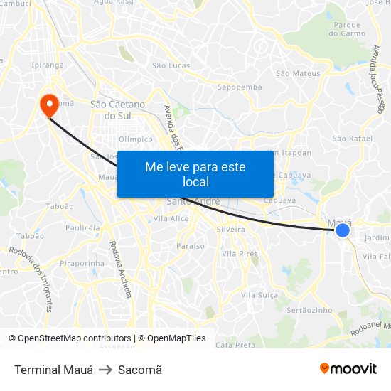 Terminal Mauá to Sacomã map