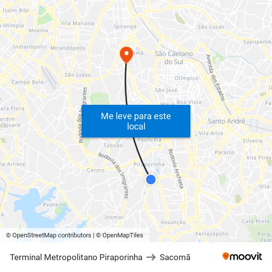 Terminal Metropolitano Piraporinha to Sacomã map