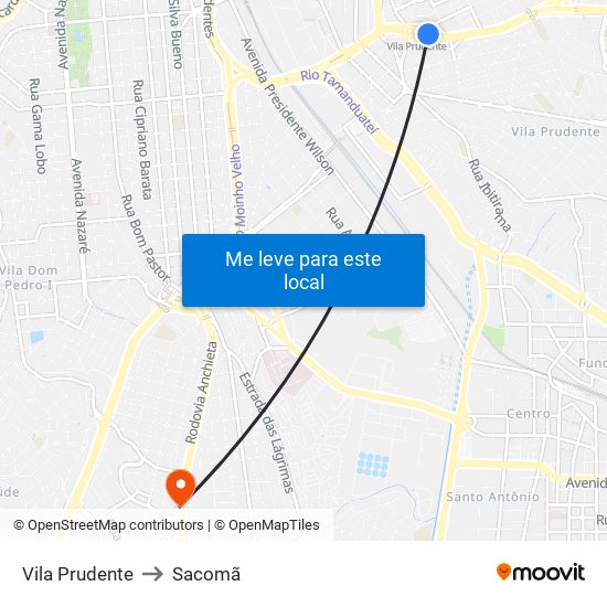 Vila Prudente to Sacomã map