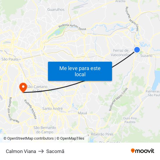 Calmon Viana to Sacomã map