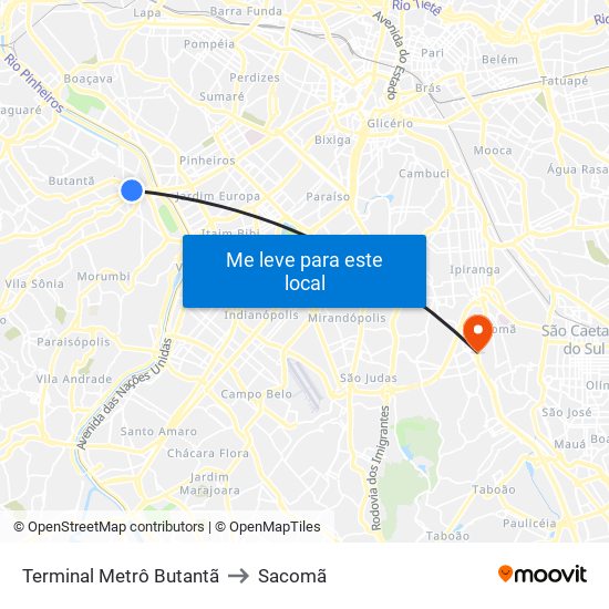 Terminal Metrô Butantã to Sacomã map