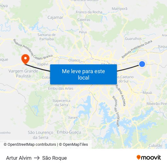 Artur Alvim to São Roque map