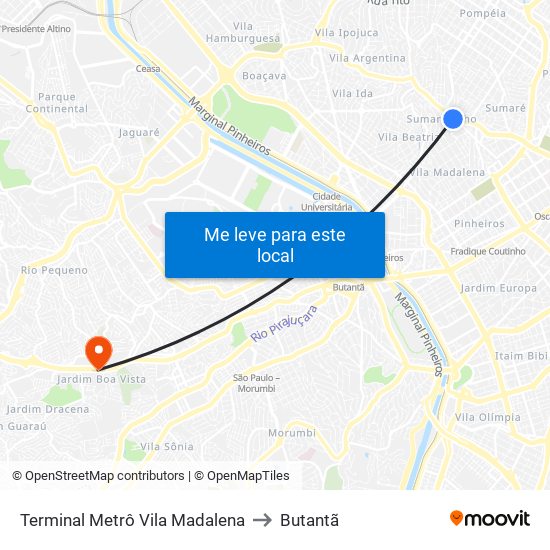 Terminal Metrô Vila Madalena to Butantã map