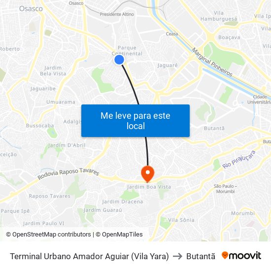 Terminal Urbano Amador Aguiar (Vila Yara) to Butantã map