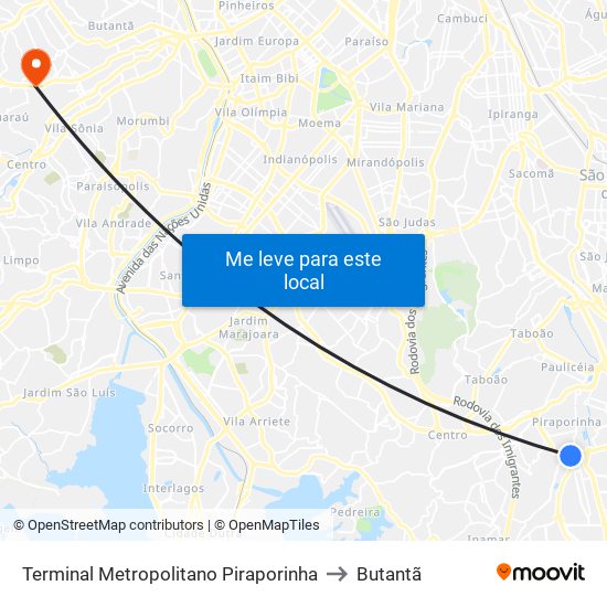 Terminal Metropolitano Piraporinha to Butantã map