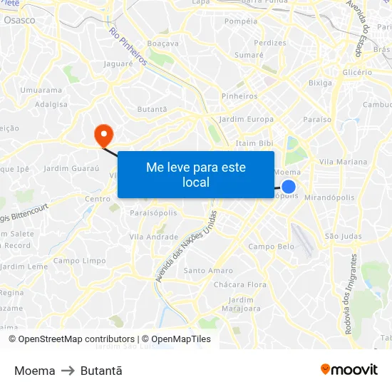 Moema to Butantã map