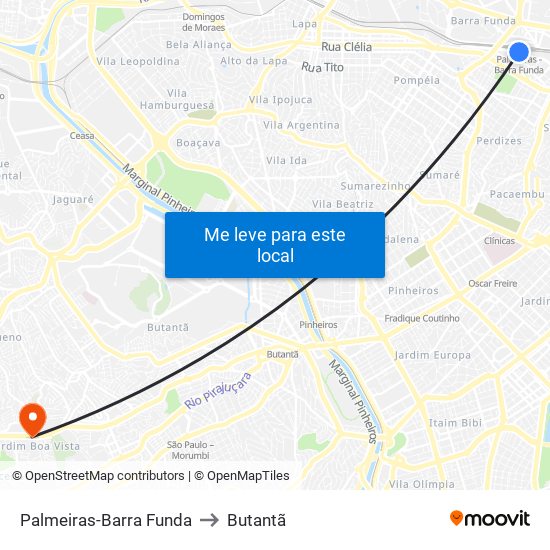 Palmeiras-Barra Funda to Butantã map