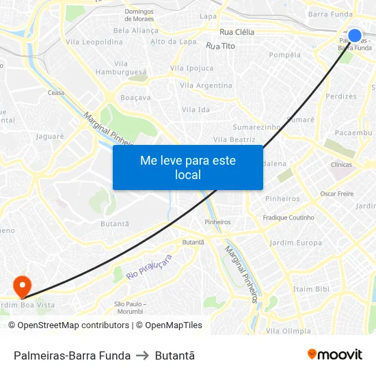 Palmeiras-Barra Funda to Butantã map