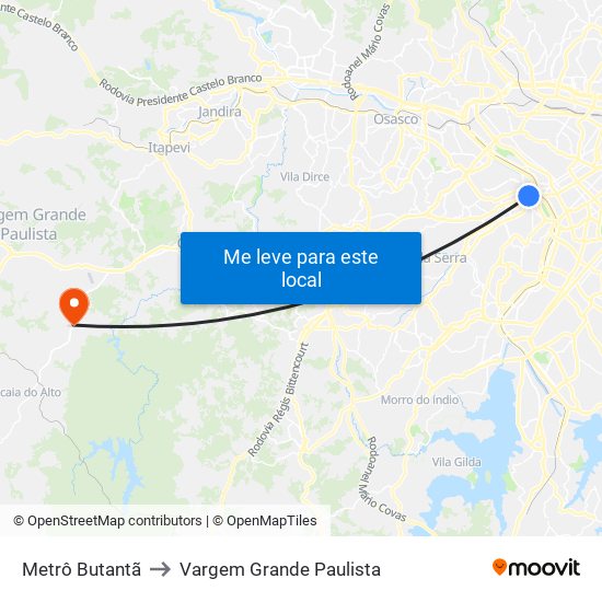 Metrô Butantã to Vargem Grande Paulista map