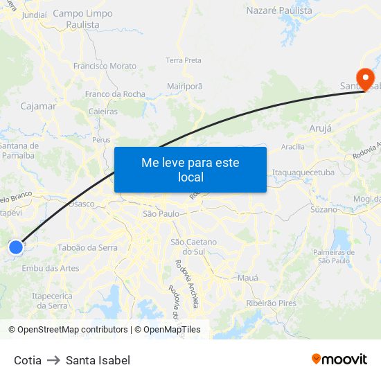 Cotia to Santa Isabel map