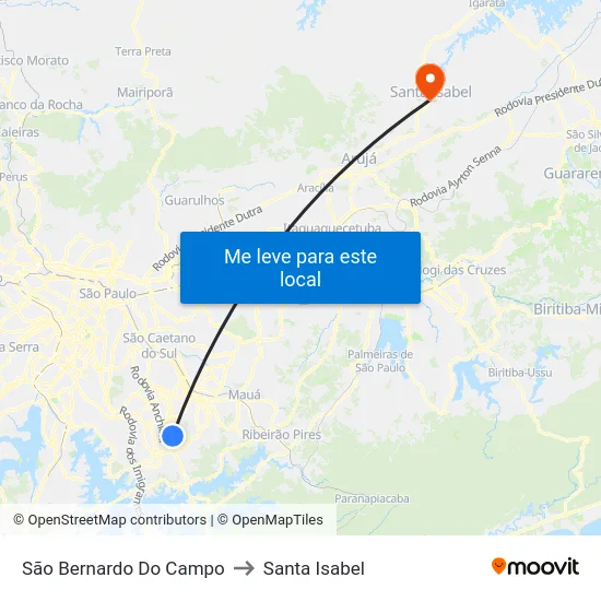 São Bernardo Do Campo to Santa Isabel map