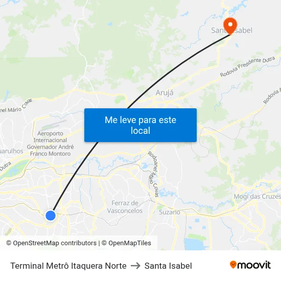 Terminal Metrô Itaquera Norte to Santa Isabel map