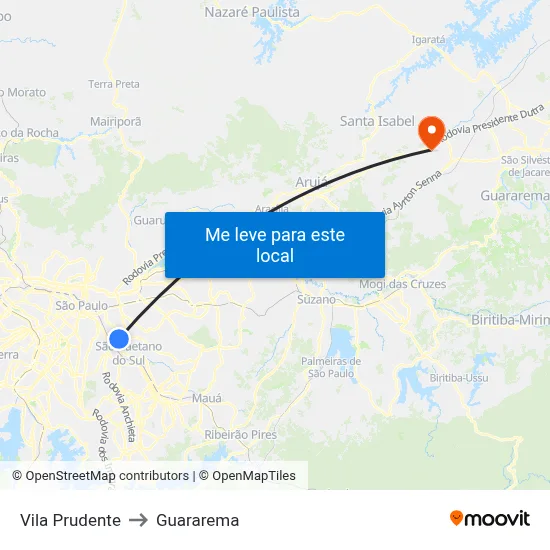 Vila Prudente to Guararema map