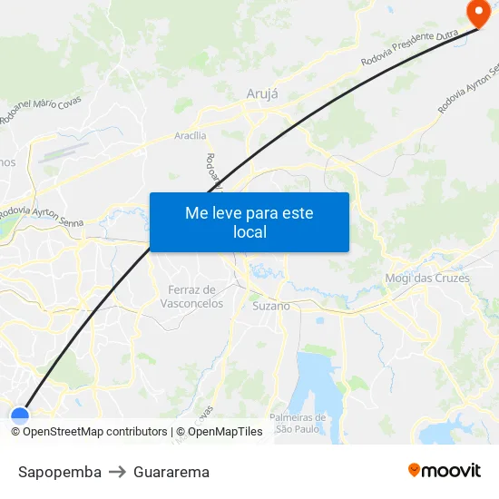 Sapopemba to Guararema map