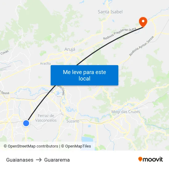 Guaianases to Guararema map