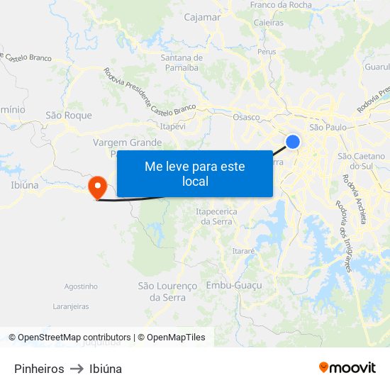 Pinheiros to Ibiúna map