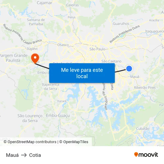 Mauá to Cotia map