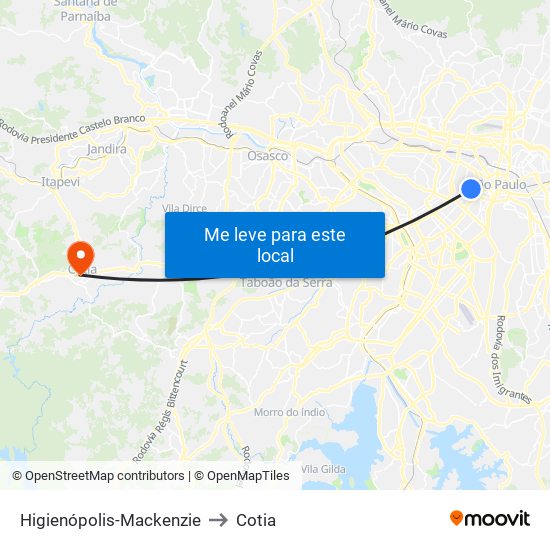 Higienópolis-Mackenzie to Cotia map