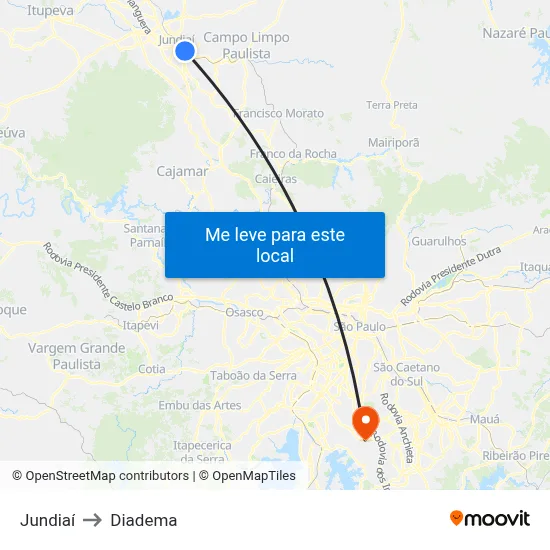 Jundiaí to Diadema map