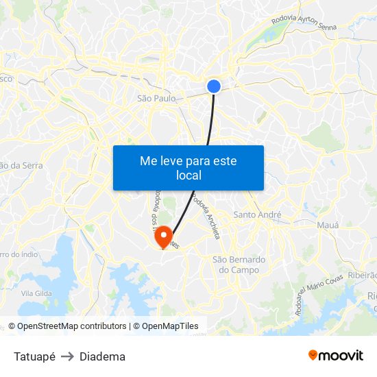 Tatuapé to Diadema map
