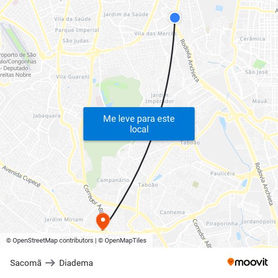 Sacomã to Diadema map
