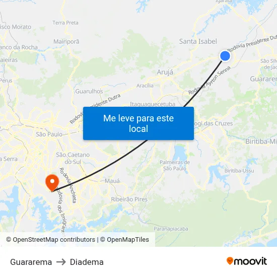 Guararema to Diadema map
