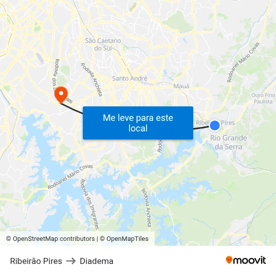 Ribeirão Pires to Diadema map