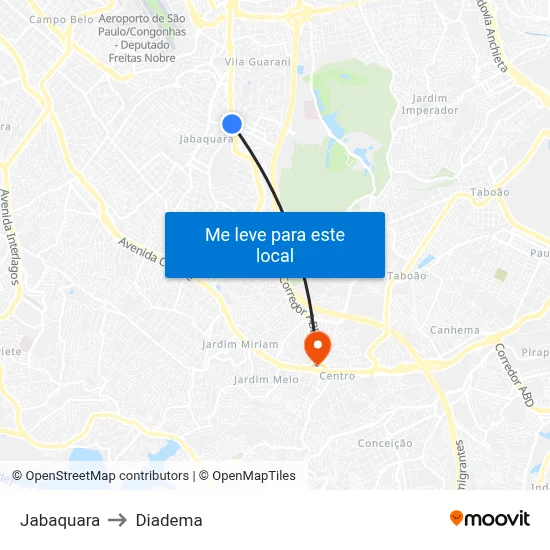 Jabaquara to Diadema map