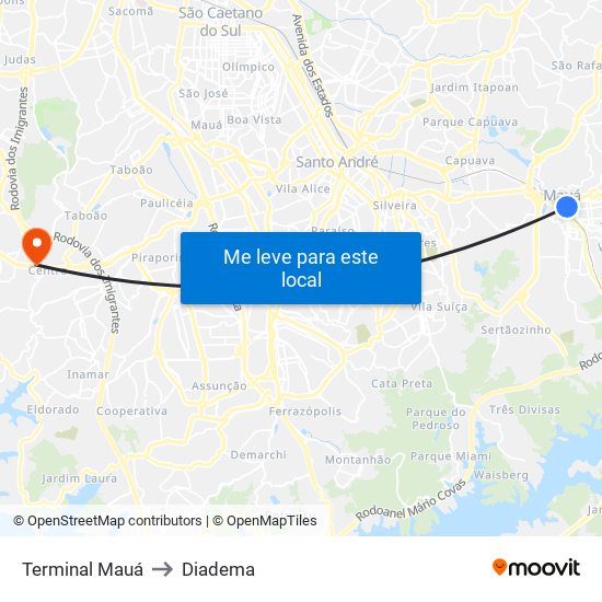 Terminal Mauá to Diadema map