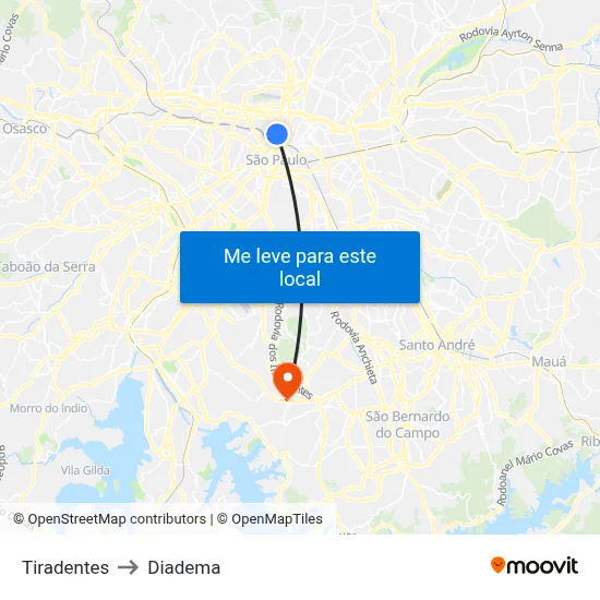 Tiradentes to Diadema map