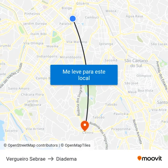 Vergueiro Sebrae to Diadema map