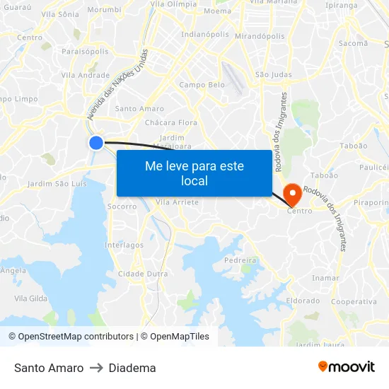 Santo Amaro to Diadema map