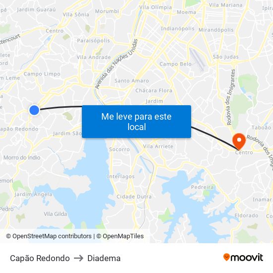 Capão Redondo to Diadema map