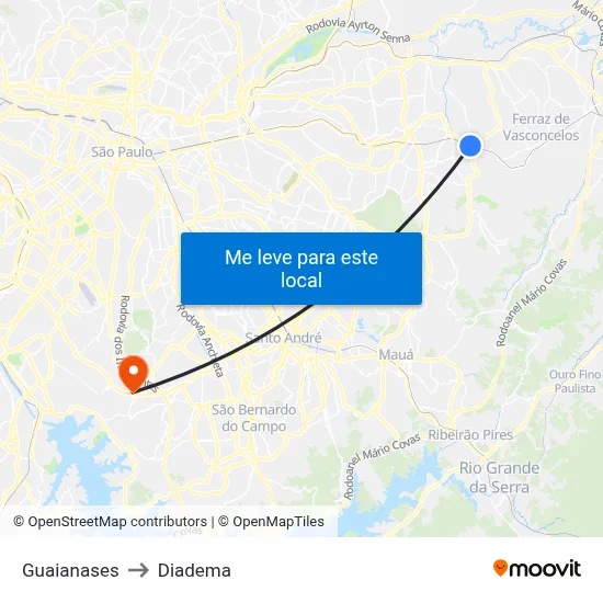 Guaianases to Diadema map