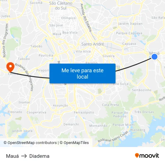 Mauá to Diadema map