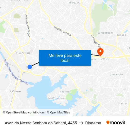 Avenida Nossa Senhora do Sabará, 4455 to Diadema map