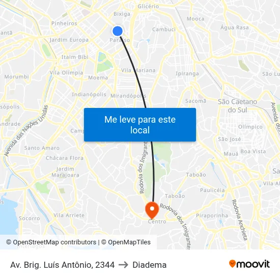 Av. Brig. Luís Antônio, 2344 to Diadema map