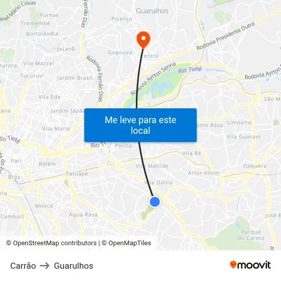Carrão to Guarulhos map