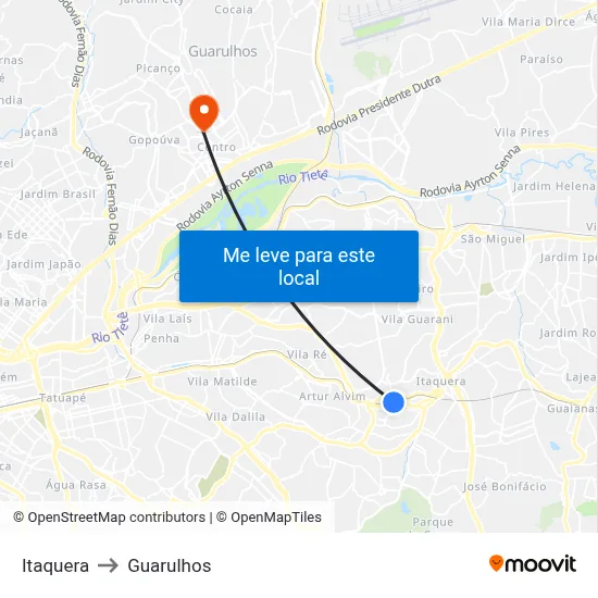 Itaquera to Guarulhos map